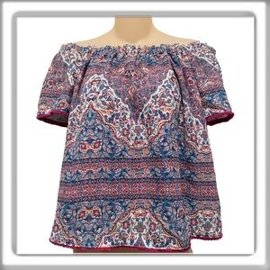 ANTHROPOLOGIE HEARTLOOM Top Blue Paisley Boho Lined Frayed Hem Size Small